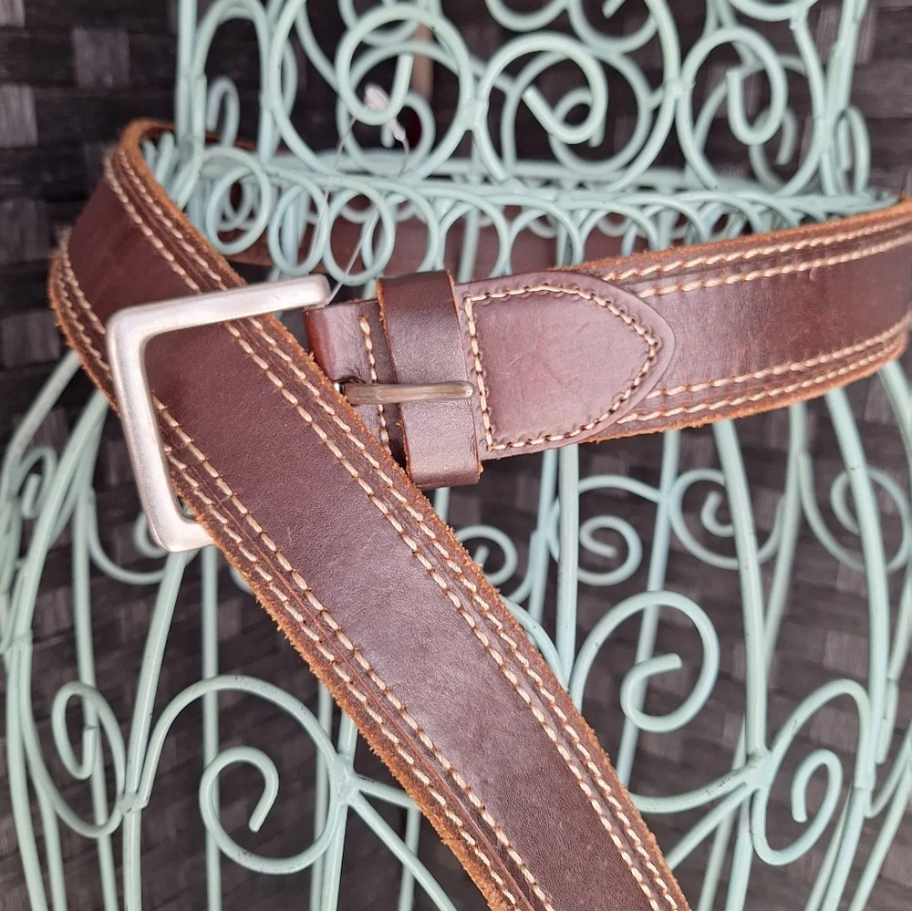 Genuine Leather Belt Wide Western Cowboy Metal Belt Buckle Thick Boho Casual 34 - Picture 1 of 15
